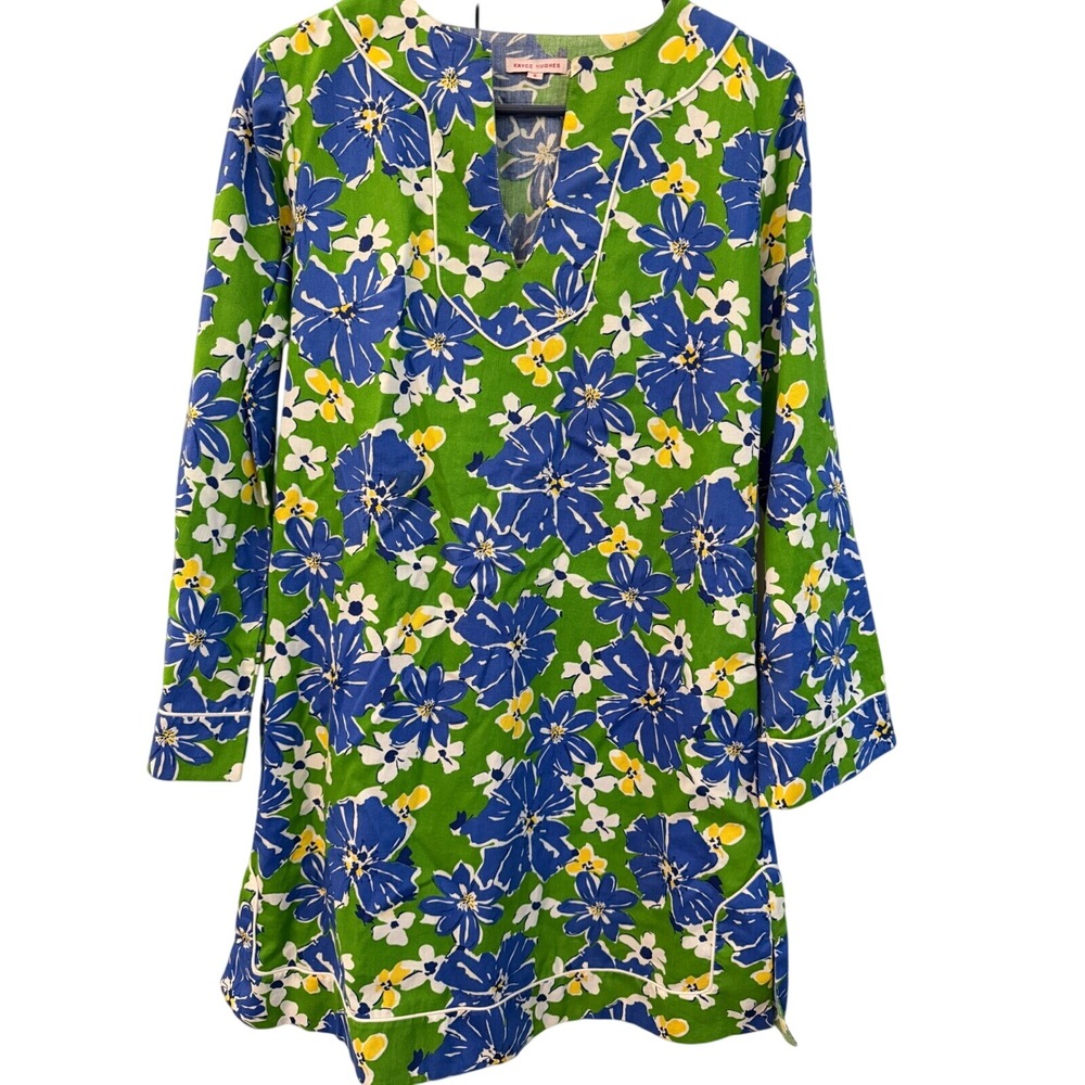 Kayce Hughes Floral Tunic Dress Green Blue Yellow Piped Shift Pockets Size 6